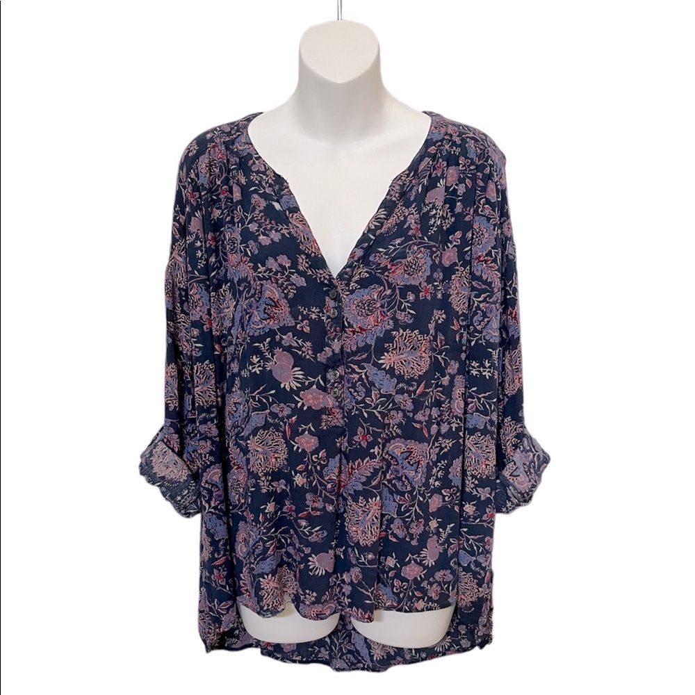 Purple boho floral pattern flowing top, blouse with roll tab sleeve XXL